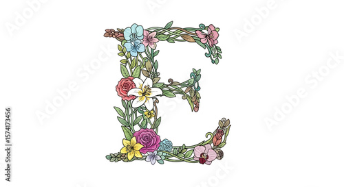 Vector floral letter e alphabet design with flowers and leaves for wedding invitations and monogram artwork design