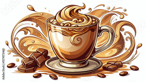 Warm and inviting, this elegant cappuccino features flowing milk designs and fine chocolate shavings, nestled in a sleek glass mug, set gracefully on a white background for artistic effect.