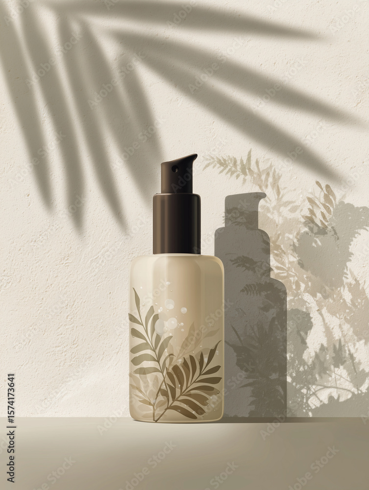 Naklejka premium Skincare card design featuring a creamy serum bottle with elegant leaf patterns and soft shadows on a light background