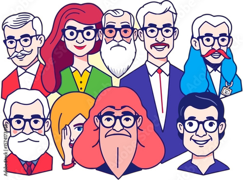 A vibrant illustration of eight law icons, each with a unique personality and visual style, utilizing bold colors and playful typography