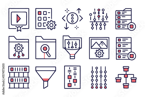 Comprehensive collection of clean modern line graphics for organizing and refining data presentation featuring essential tools for user interface design and workflow management