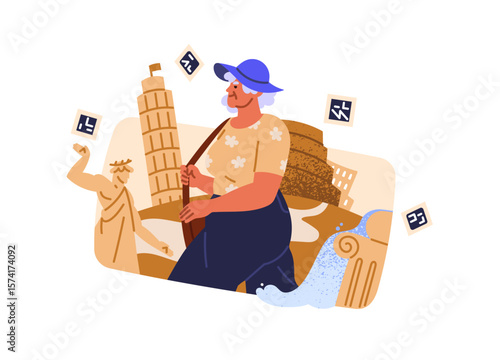Tourism and sights concept. Senior tourist travels in summer holiday. Old woman is in journey, tour with excursions to different attractions. Flat isolated vector illustration on white background