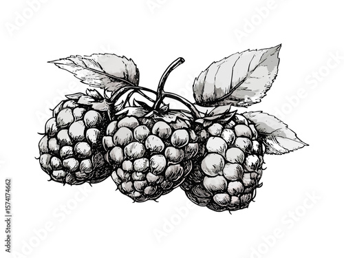 Cloudberry fruit engraving detailed, vintage botanical sketch, retro hand-drawn food art, black ink drawing, old engraving style, trendy natural decor, organic fruit illustration, rustic art,