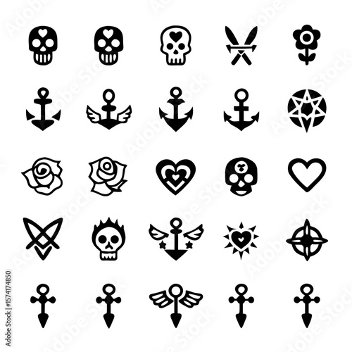 Old-School Tattoo Icon Set – Classic Skulls, Roses, Anchors & Daggers in Bold Vector Style for Flash Art, Apparel & Retro Designs