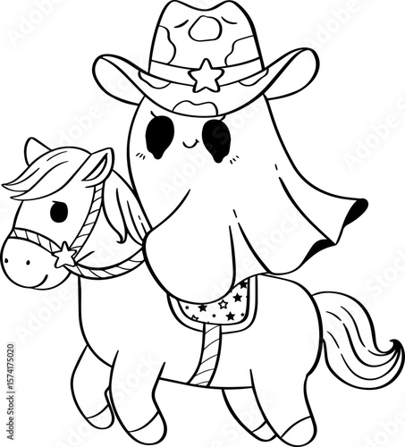 A Cute Halloween cowgirl ghost riding horse Line Art Doodle