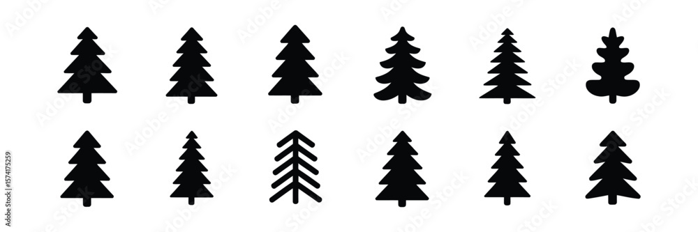Obraz premium Black Tree Silhouette Collection, Evergreen Conifer Forest Trees, Isolated on White