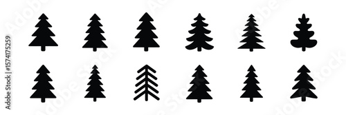 Black Tree Silhouette Collection, Evergreen Conifer Forest Trees, Isolated on White