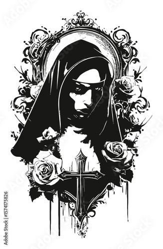 Hand-Drawn Vector Design of a Mysterious Nun with Floral Elements