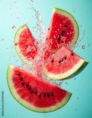Realistic watermelon slices in mid splash