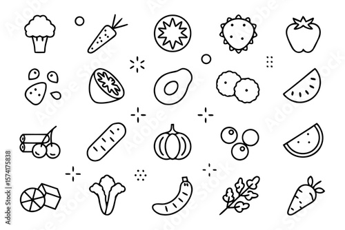 A collection of twelve distinct graphic elements representing healthy food items including a poke bowl presented in a clean modern style with vibrant color accents