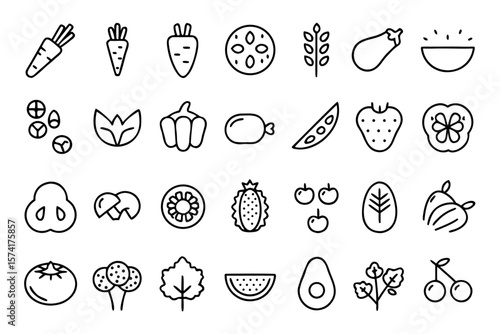 Collection of wholesome food elements and culinary icons representing healthy eating and delicious meal preparations