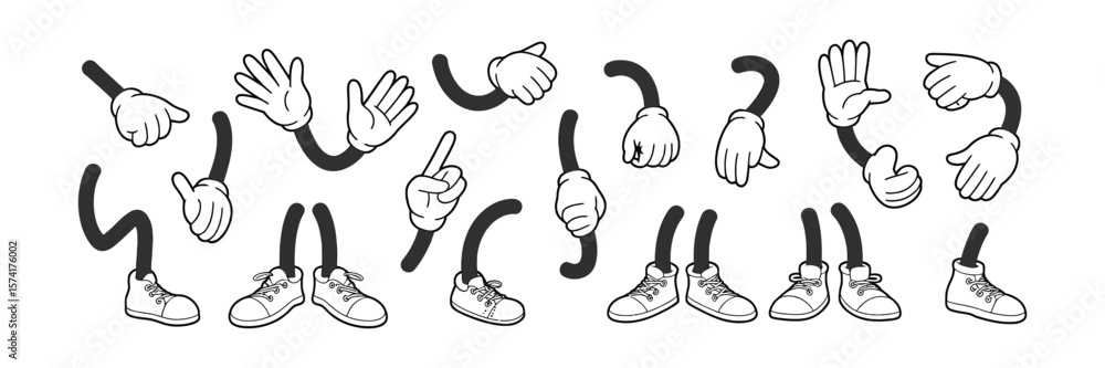 Fototapeta premium Cartoon Arms and Legs Collection, Gloved Hands, Shoes on Feet, Retro Style, Isolated