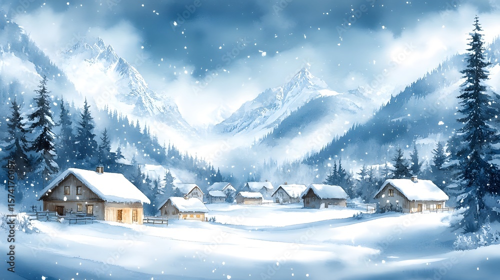 Fototapeta premium A picturesque snowy village nestled among mountains, showcasing cozy cabins surrounded by serene winter landscapes with evergreen trees and falling snow.