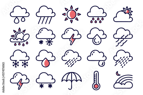 Comprehensive collection of editable weather forecast symbols featuring atmospheric conditions meteorological elements and sky phenomena for diverse applications