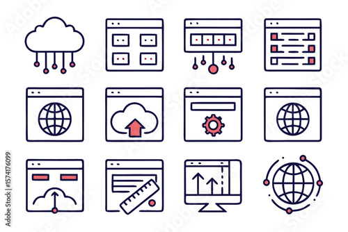 Collection of minimalist line art symbols representing web hosting services data centers and online infrastructure presented in a clean and modern aesthetic with distinct color elements
