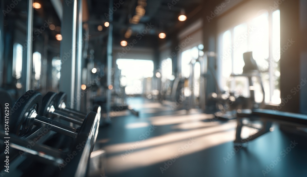 Fototapeta premium Modern gym interior, dumbbells in focus