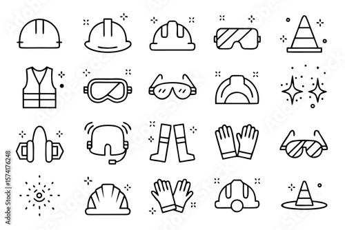 Comprehensive collection of professional line graphics representing essential work safety and labor protection equipment and concepts for industrial environments