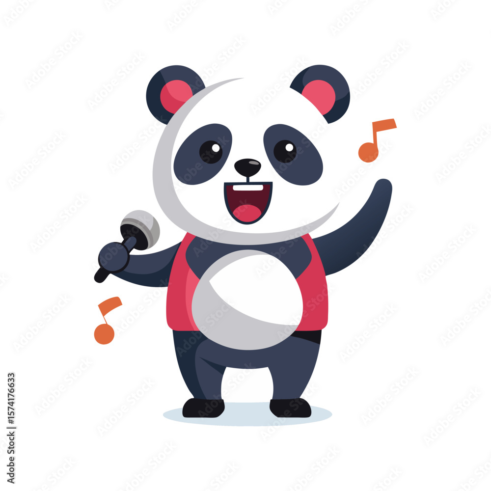 Naklejka premium Flat and Minimal Panda doing karaoke icon vector illustration
