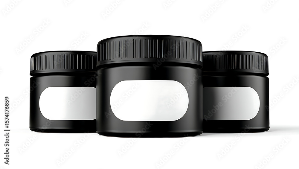 Three Matte Black Supplement Jars with Blank Labels; Minimalist Product Mockup; Clean, Modern Design. Three Matte Black Supplement Jars with Blank Labels; Minimalist Product Mockup; Clean, Modern Design.