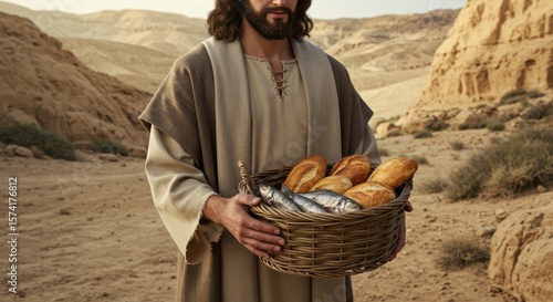 A man, Jesus Christ, holding a basket of bread and fish in a desert landscape for religious themes and bible stories.The Parable of the Multiplication of Loaves