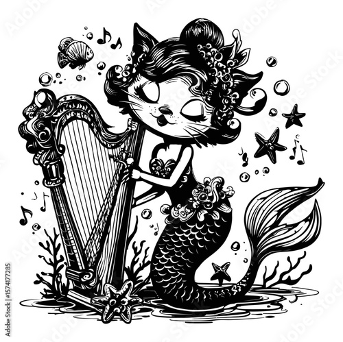 Playful Mermaid with Harp in Vintage Black and White Vector Art Style