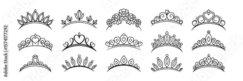 Collection of Twelve Line Art Tiara Designs on a White Background