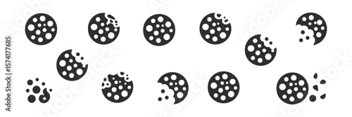 Cookie Icons Seamless Pattern with Round Shapes and Bite Marks on White Background