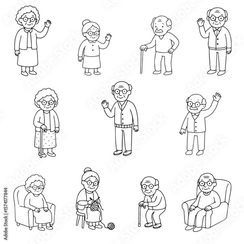 Vector illustration of senior citizens doing various activities. Diverse facial expressions and poses showing an elderly person in daily life. Vector