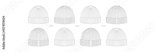 Eight gray outline beanie hats with ribbed texture on a white background