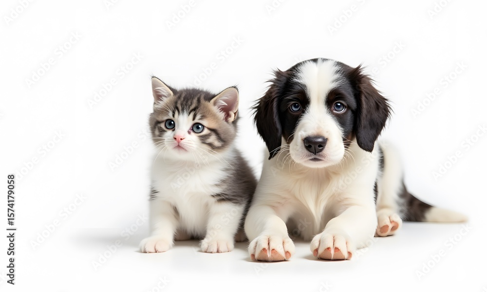 Obraz premium Sweet Tabby Kitten and Black-White Puppy Lying Together on White Background