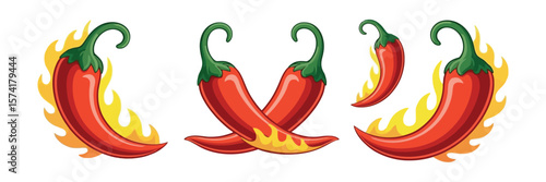 Fiery Red Chili Peppers with Flames on White Background, Spicy Cooking Ingredients