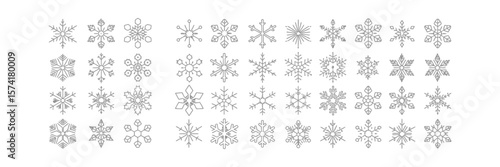 Gray Outlined Snowflakes Pattern, Winter Season Flakes, Isolated on White Background