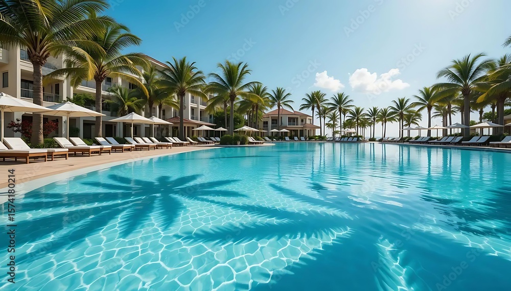 Obraz premium Stunning turquoise swimming pool at a luxury resort with palm trees and chaise lounges.