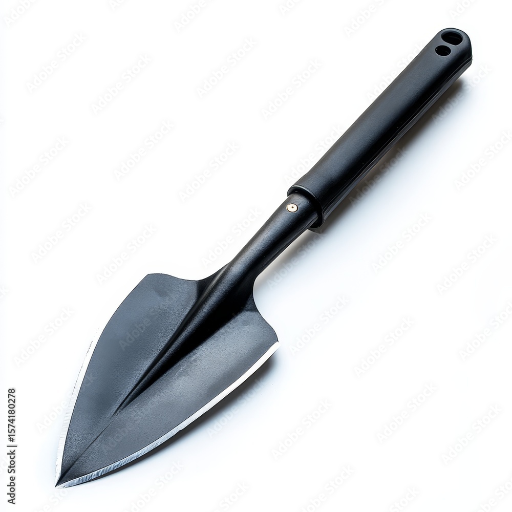 A black hand trowel with a pointed metal blade and ergonomic handle, designed for gardening tasks such as digging, planting, and weeding. A black hand trowel with a pointed metal blade and ergonomic handle, designed for gardening tasks such as digging, planting, and weeding.