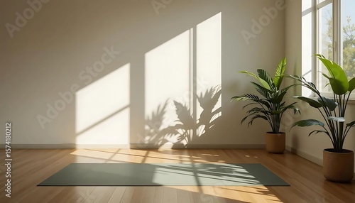 A tranquil room with sunlight streaming through a window, illuminating a yoga mat and potted plants.