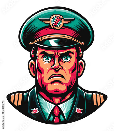 Cartoon Style Military Officer Illustration with Bold Colors and Detail