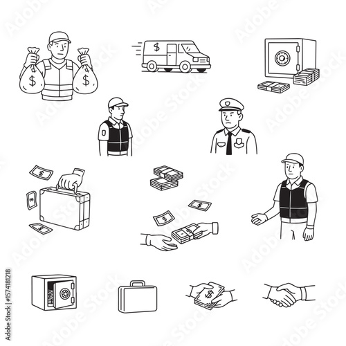 Vector illustration illustrating financial security topics including money handling, armored vans, safe storage and financial transactions, with an emphasis on safe transportation of money. Vector