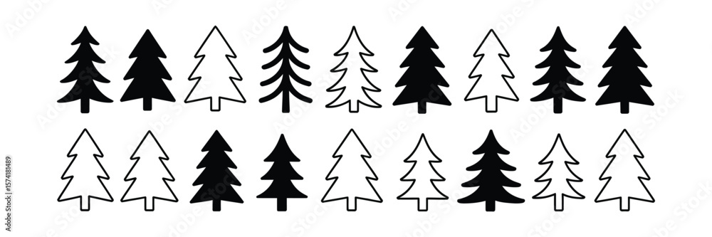 Fototapeta premium Line Art Fir Trees Vector, Black and Outline Christmas Tree Silhouettes