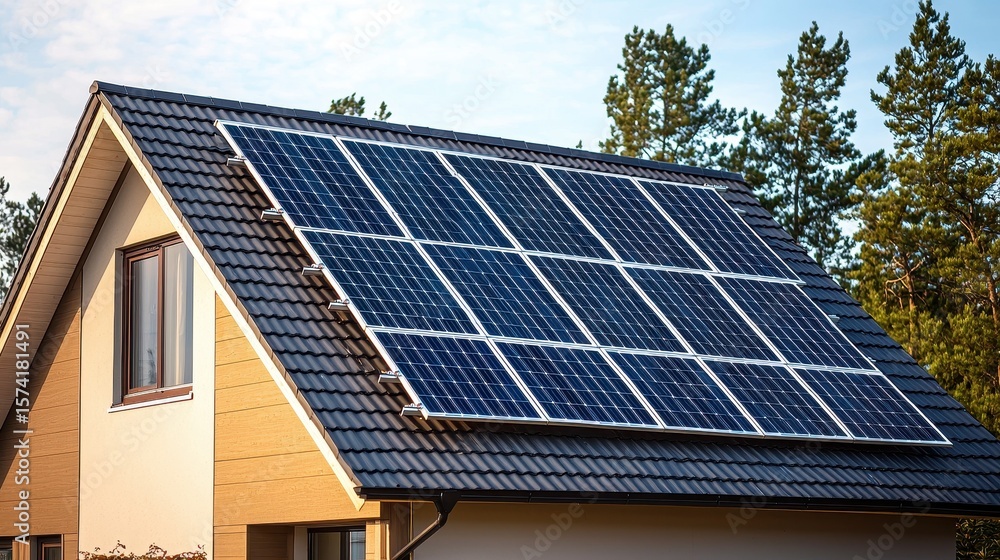 Fototapeta premium Solar panel wind resistance modern home rooftop installation secure mounting brackets wooden house green trees stable solar panels