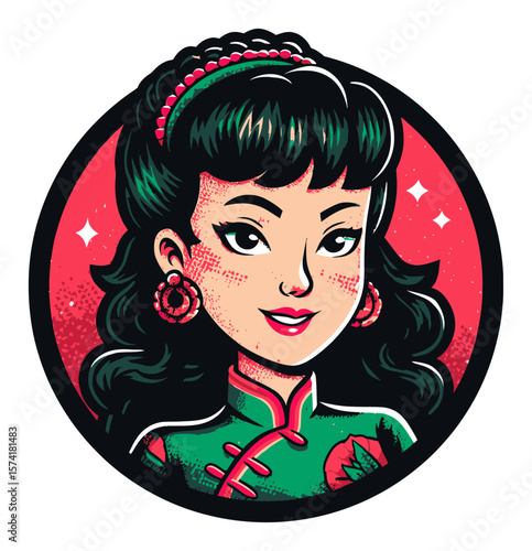 Charming Cartoon Girl with Black Hair and Floral Accessories in Vintage Style