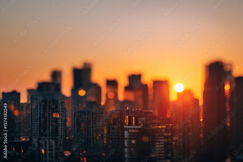Fototapeta premium Blurred city skyline at sunset