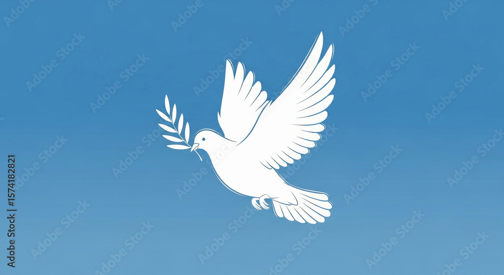 Fototapeta premium White Dove with Olive Branch Flying in Clear Blue Sky – International Day of Peace Illustration