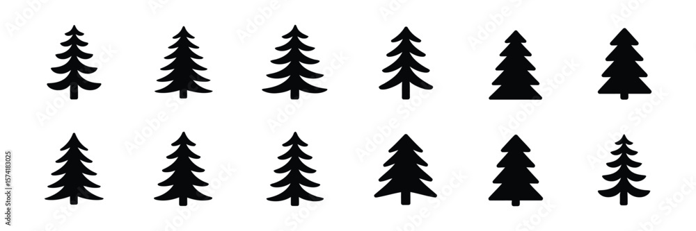 Obraz premium Pine Tree Silhouette Collection Isolated on White Backdrop