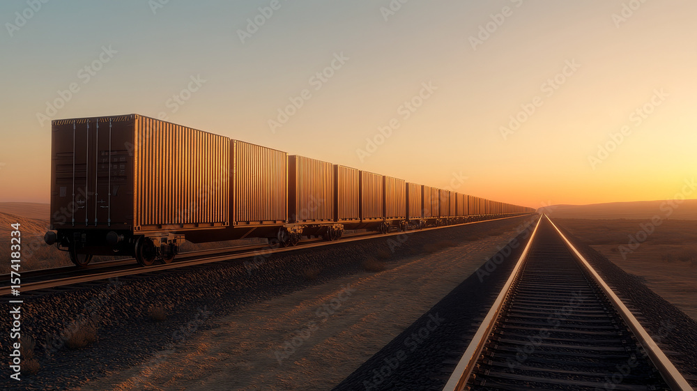 Fototapeta premium Freight train container railway sunset landscape transportation cargo long desert