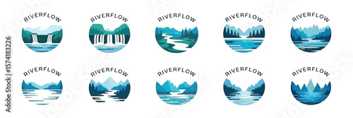 Riverflow Icon Set Abstract River, Waterfall, Water, Mountain, Landscape Design