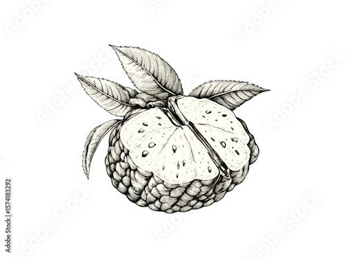 Hand-drawn custard apple fruit slice, vintage engraving sketch, black and white botanical print, tropical retro decor, exotic fruit wall art, monochrome fruit illustration,