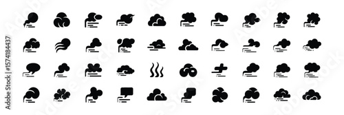 Smoke Steam Cloud Silhouette Icon Set on Transparent Background, Vapor Sign Element
