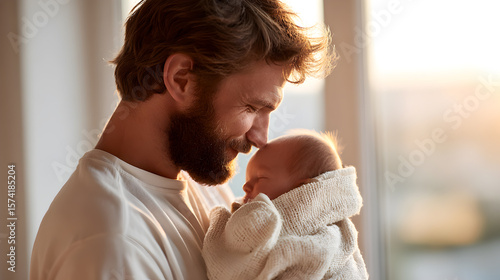 father gently touching forehead of his newborn baby