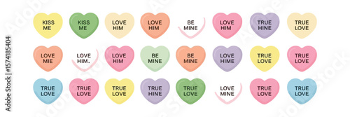Sweet Pastel Conversation Hearts Candy with Words On Isolated Transparent Background