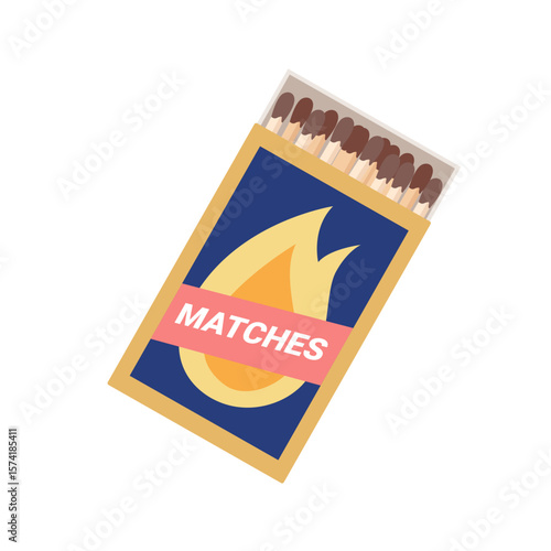 Box full of wooden flammable match sticks, closed container with Matches text and fire on matchstick. Cardboard pack with inscription for household using, survival cartoon